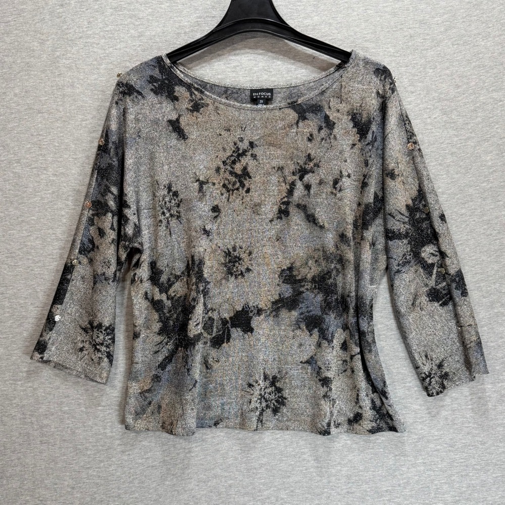En Focus Women Blouse 2X Silver Metallic Abstract Floral Goth
